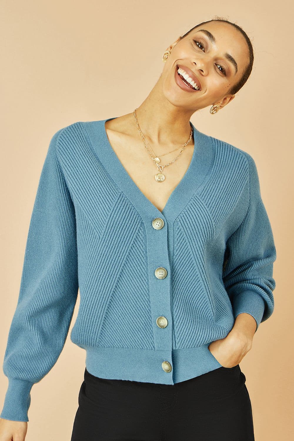 Yumi Women's Blue Relaxed Fit Cardigan With Stitch Detail | Size: Small