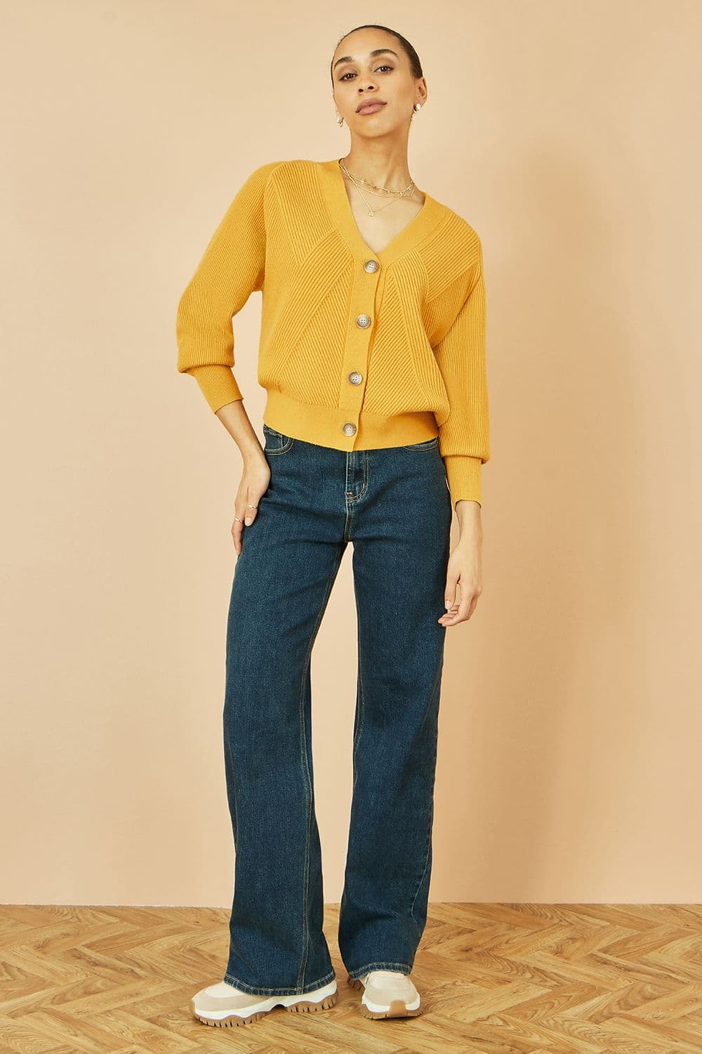 Yumi Women's Mustard Relaxed Fit Cardigan With Stitch Detail | Size: XS