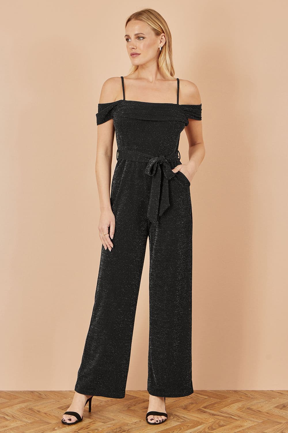 Yumi Women's Black Sparkle Stretch Bardot Jumpsuit | Size: 10