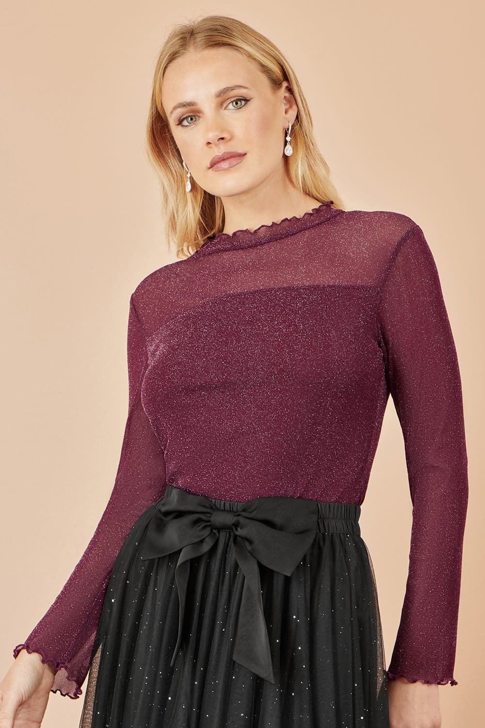 Yumi Women's Burgundy Shimmer Print Mesh Stretch Fitted Top | Size: 14