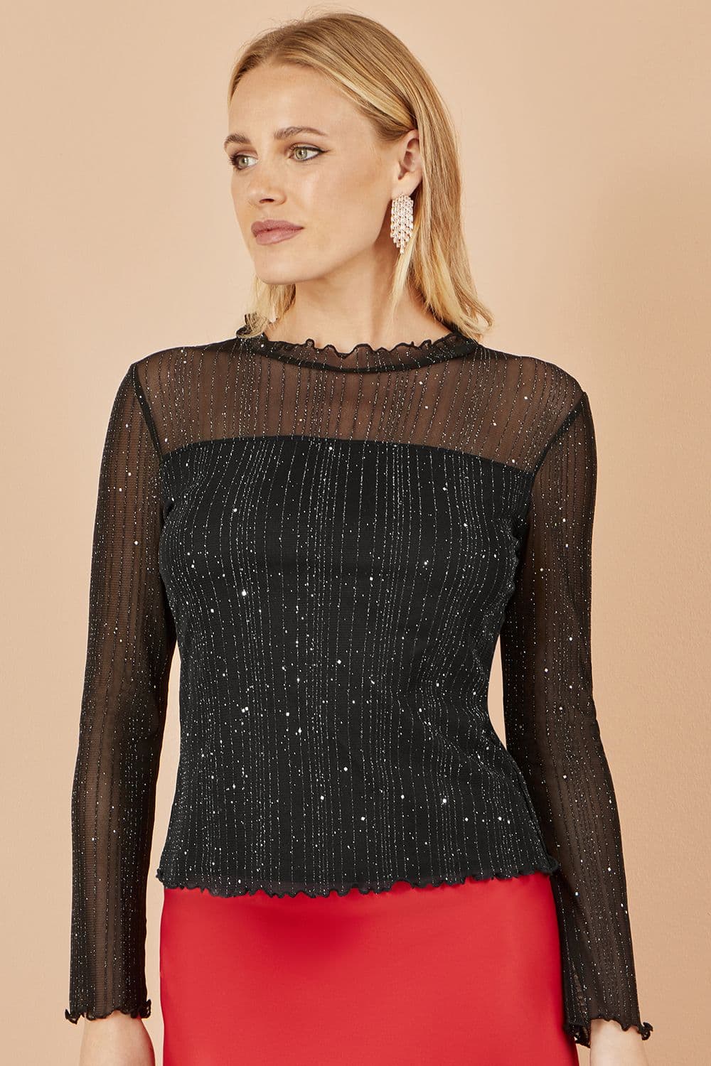Yumi Women's Black Sparkle Print Mesh Stretch Fitted Top | Size: 14