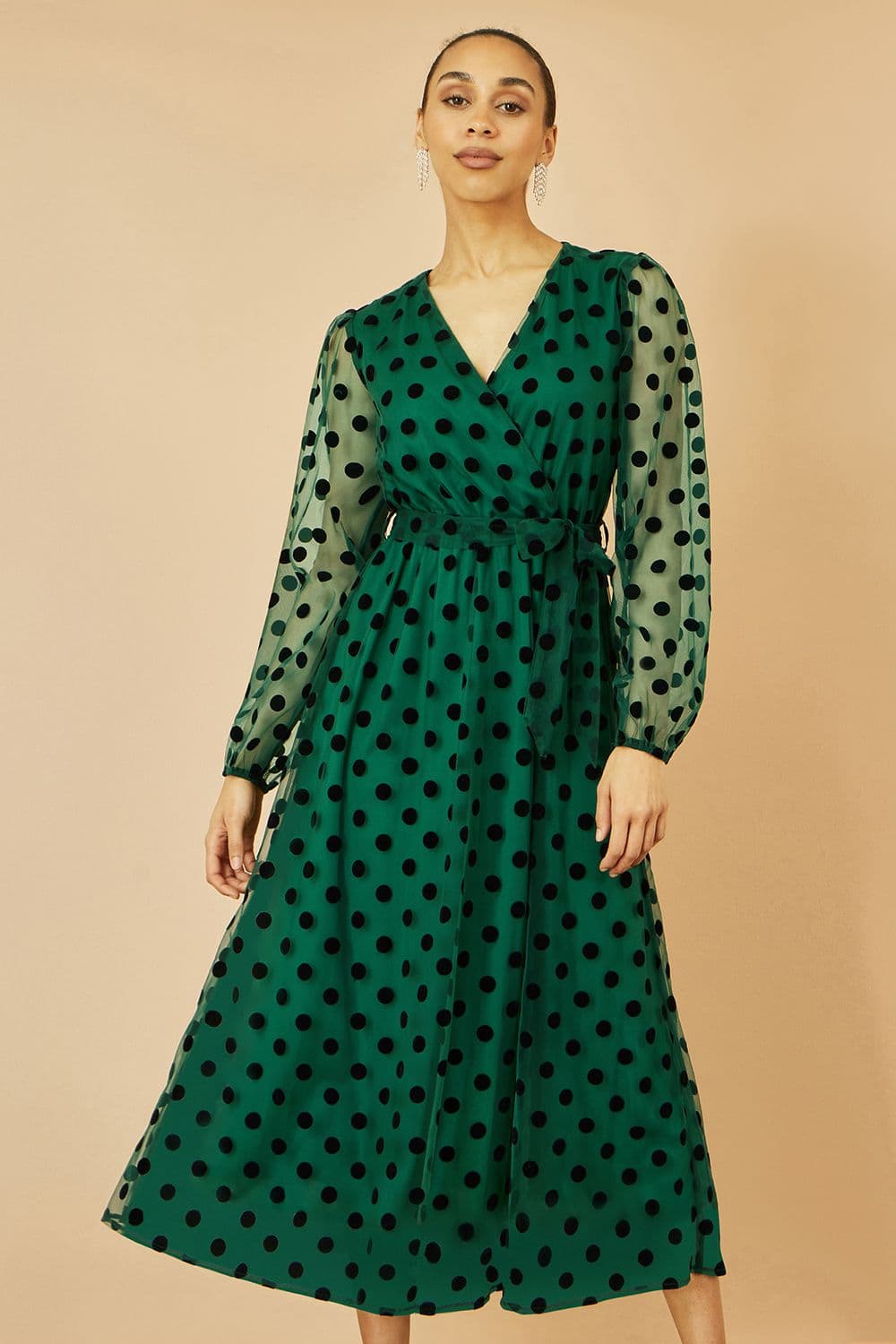 Yumi Women's Green Spot Mesh Wrap Midi Skater Dress | Size: 12