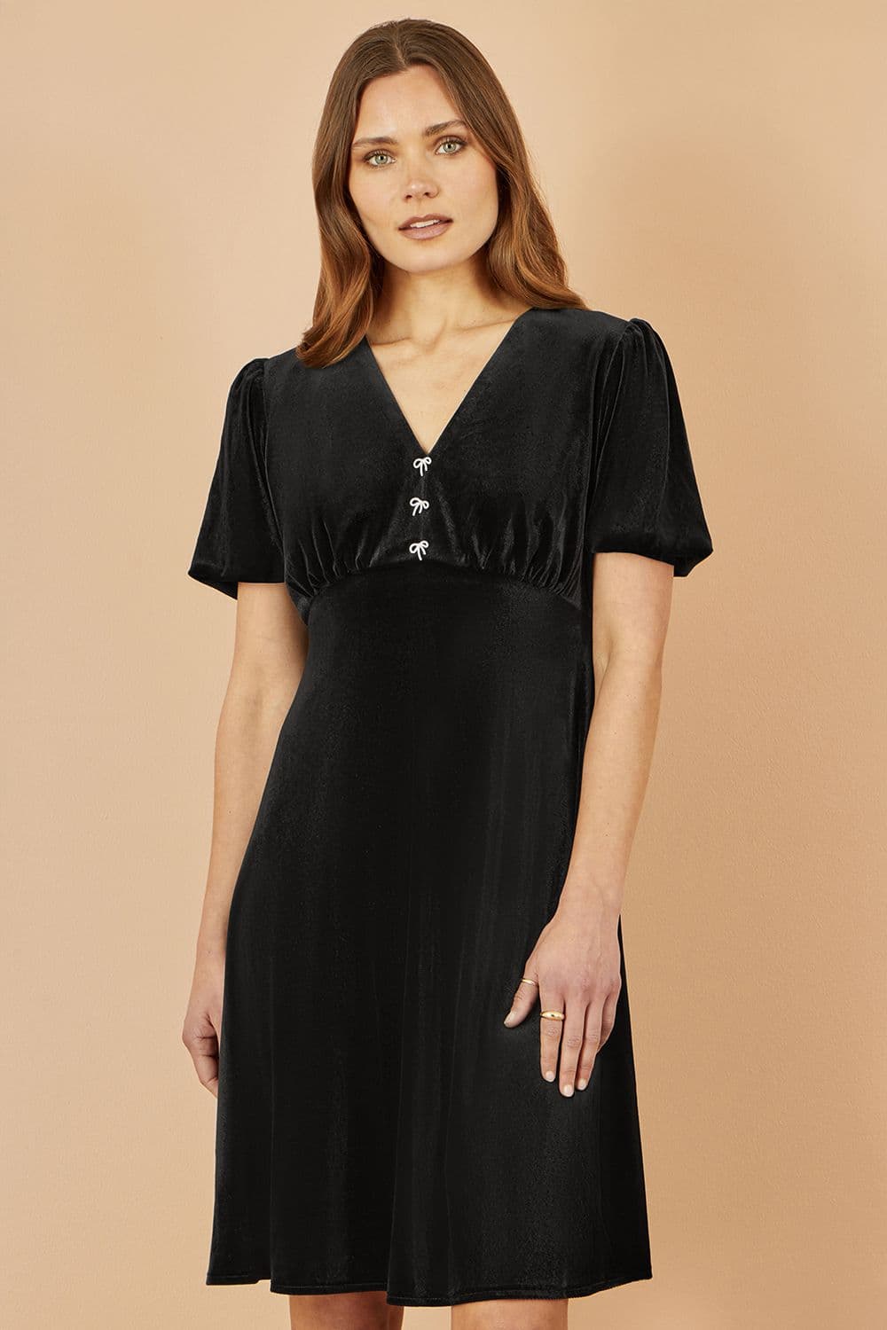 Yumi Women's Black Velvet Skater Dress With Dimante Bow Detail | Size: 16