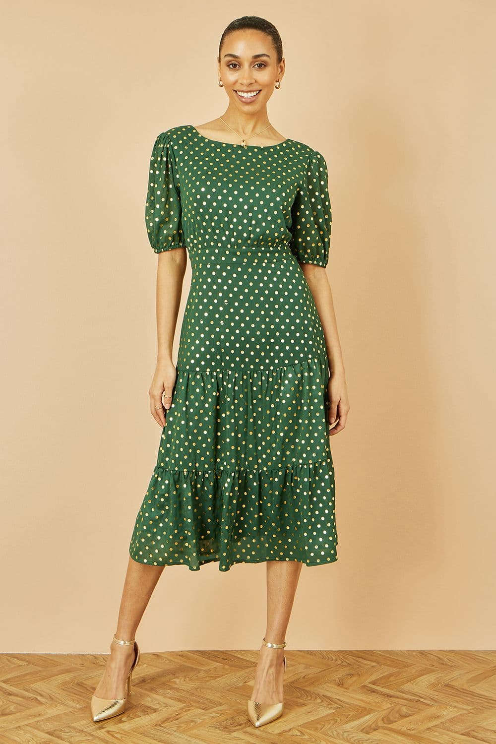 Yumi Women's Green Gold Foil Spot Midi Dress With Scoop Back | Size: 10