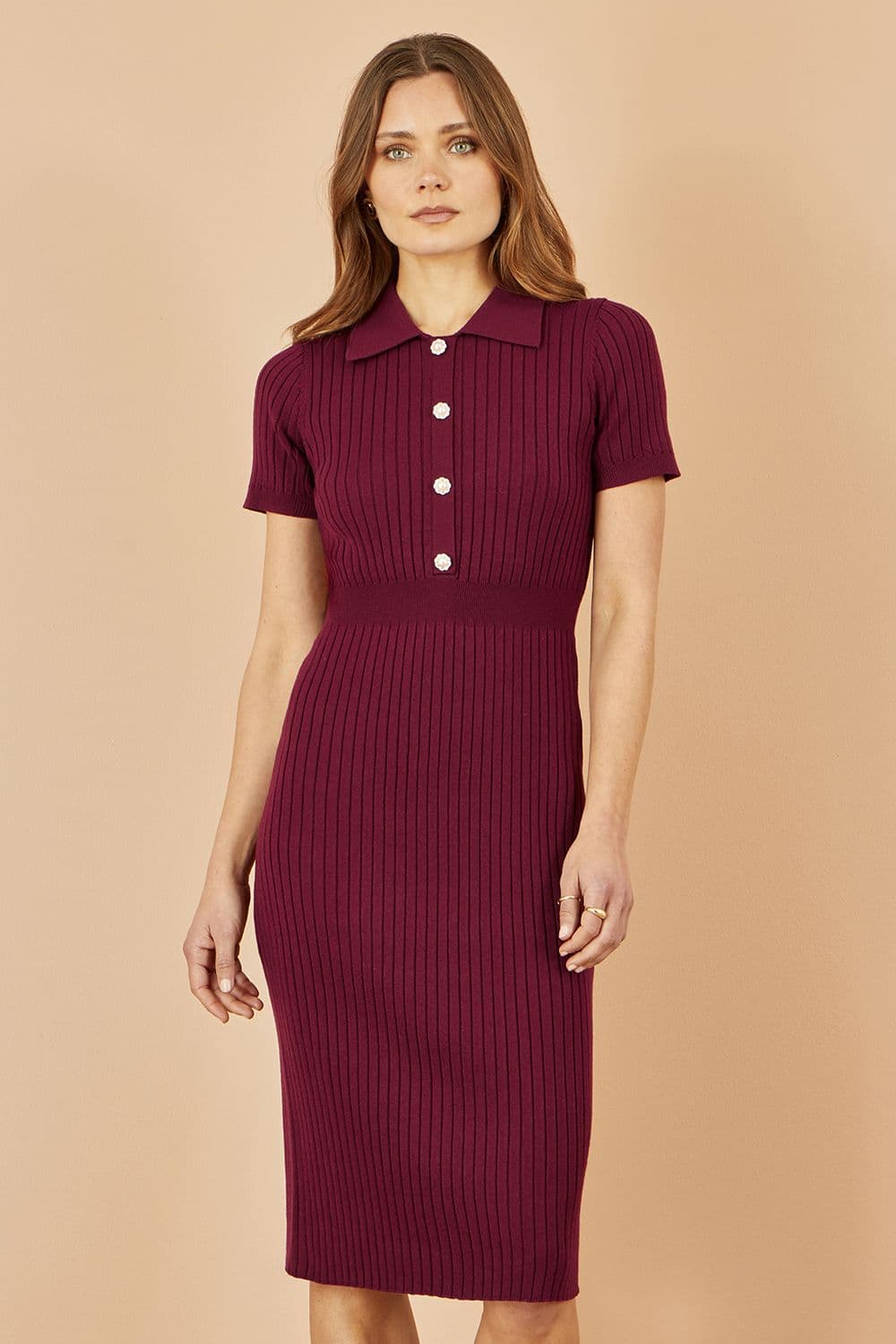 Yumi Women's Burgundy Fitted Rib Knitted Midi Dress With Daisy Buttons | Size: Medium