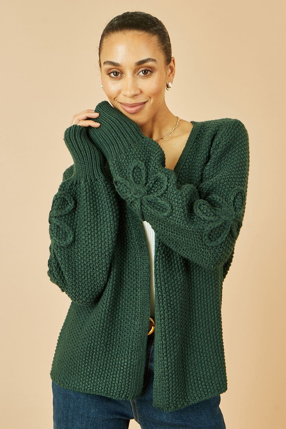 Yumi Women's Green Edge to Edge Cardigan With Flower Detail Sleeves | Size: Small