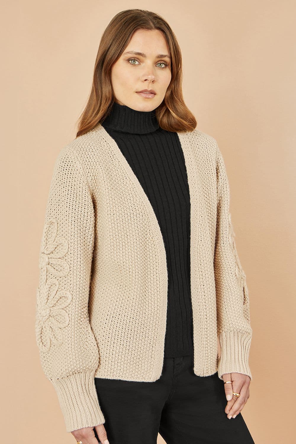 Yumi Women's Beige Edge to Edge Cardigan With Flower Detail Sleeves | Size: Large