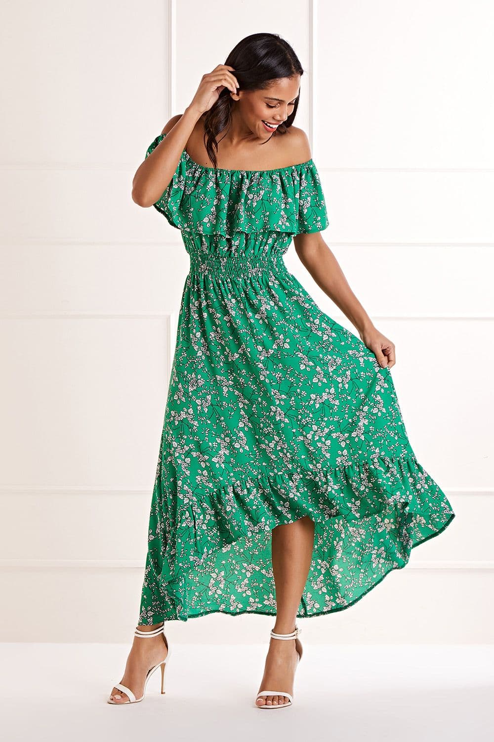 Yumi Women's Green Floral Bardot Maxi Dress | Size: 22