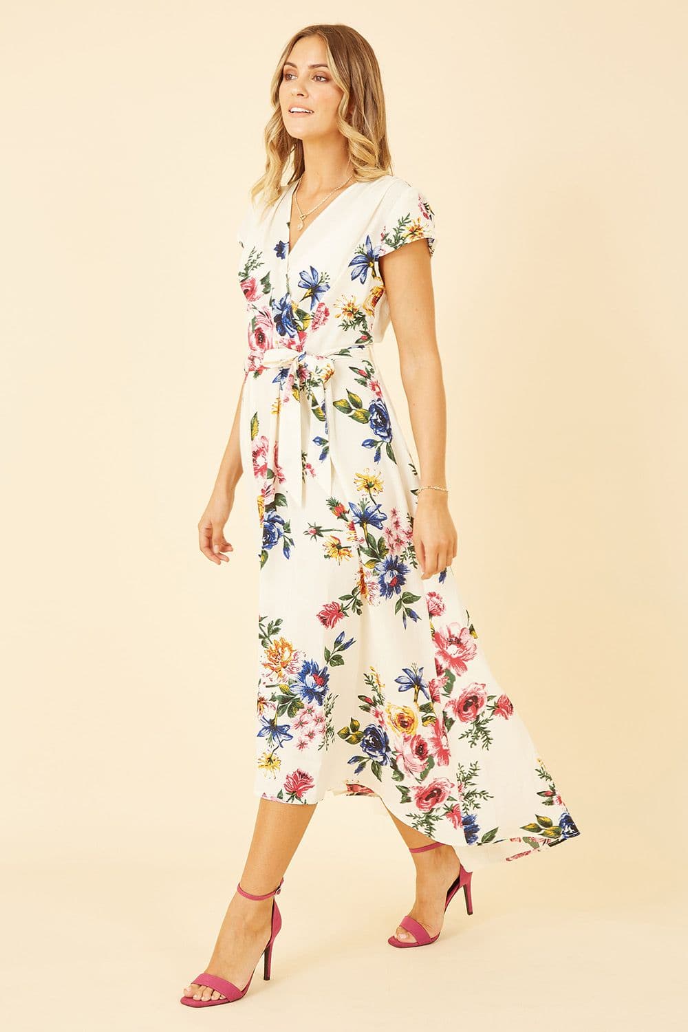 Yumi Women's Ivory Floral Wrap Dip Hem Dress | Size: 12