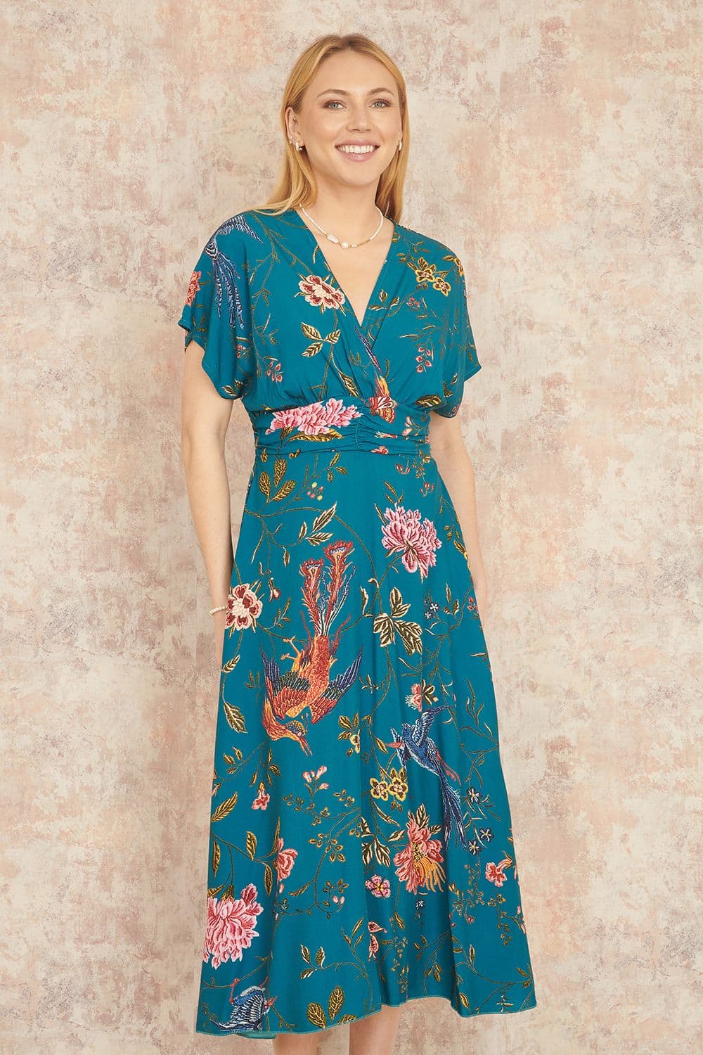 Yumi Women's Teal Bird & Floral Print Ruched Waist Kimono Midi Dress | Size: 8