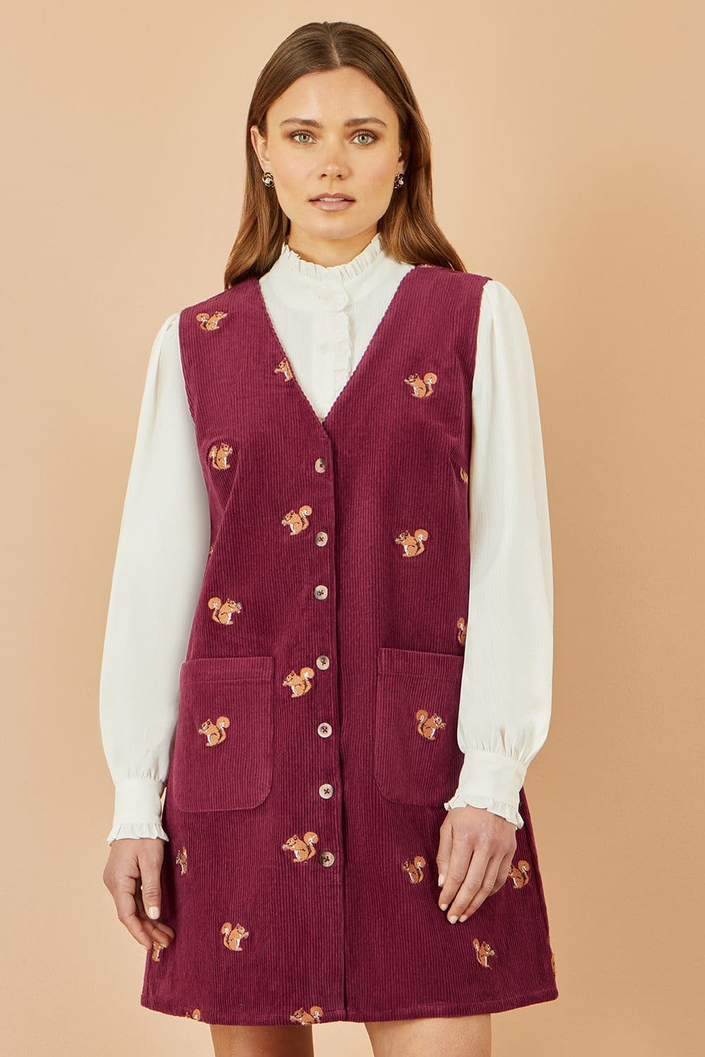 Yumi Women's Burgundy Squirrel Embroidered Button Up Pinafore Dress | Size: 12