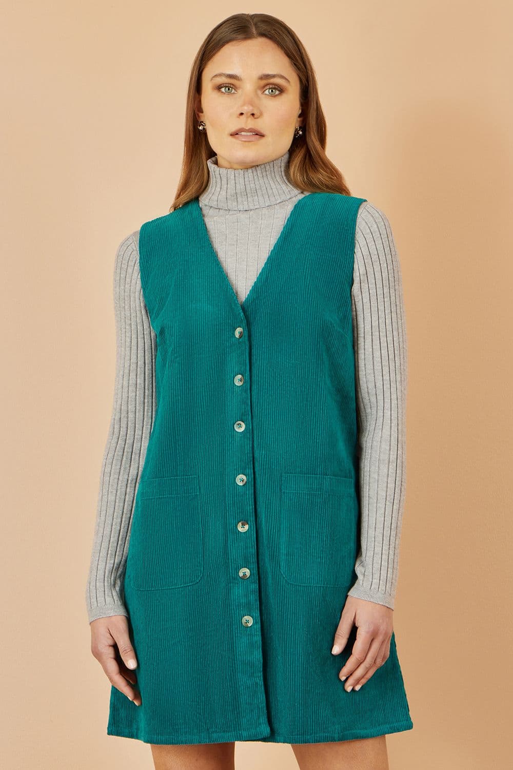 Yumi Women's Teal Cord Button Through Pinafore Dress With Pockets | Size: 10
