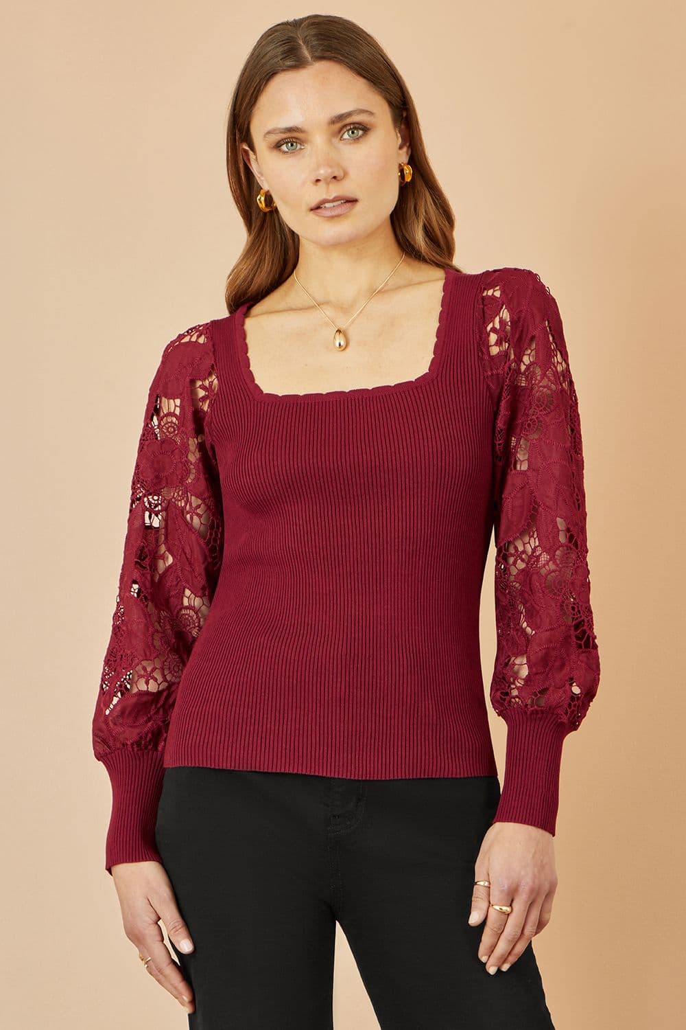 Yumi Women's Burgundy Ribbed Knitted Top With Lace Sleeves | Size: Medium