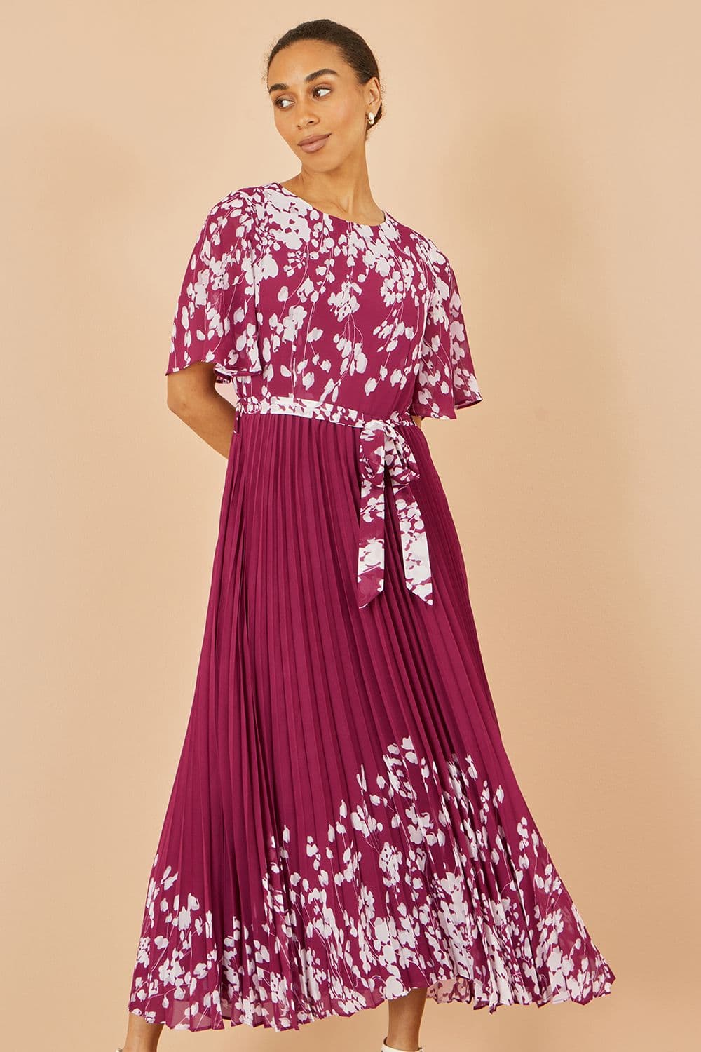 Yumi Women's Burgundy Mirror Floral Design Pleated Midi Dress | Size: 14