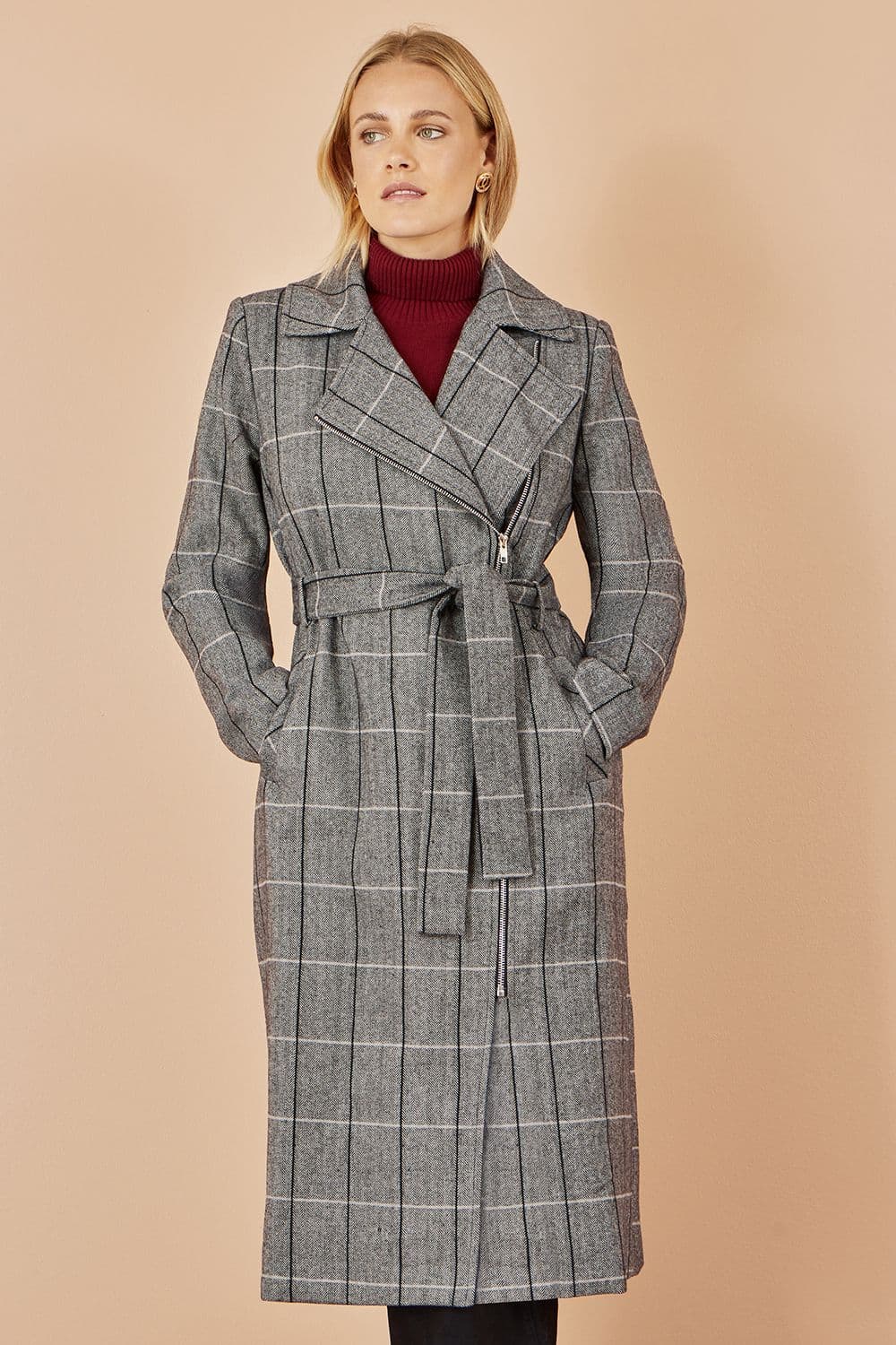 Yumi Women's Grey Check Oversize Long Biker Coat | Size: 16