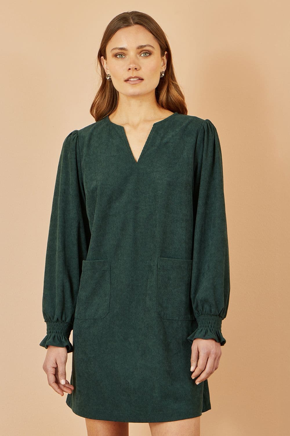 Yumi Women's Green Cord Tunic With Ruched Sleeve | Size: 10