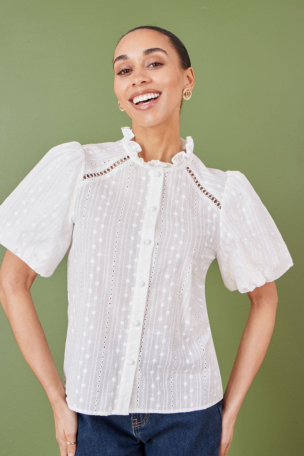 Yumi Women's Broderie Anglaise Puff Sleeve Shirt In White | Size: 10