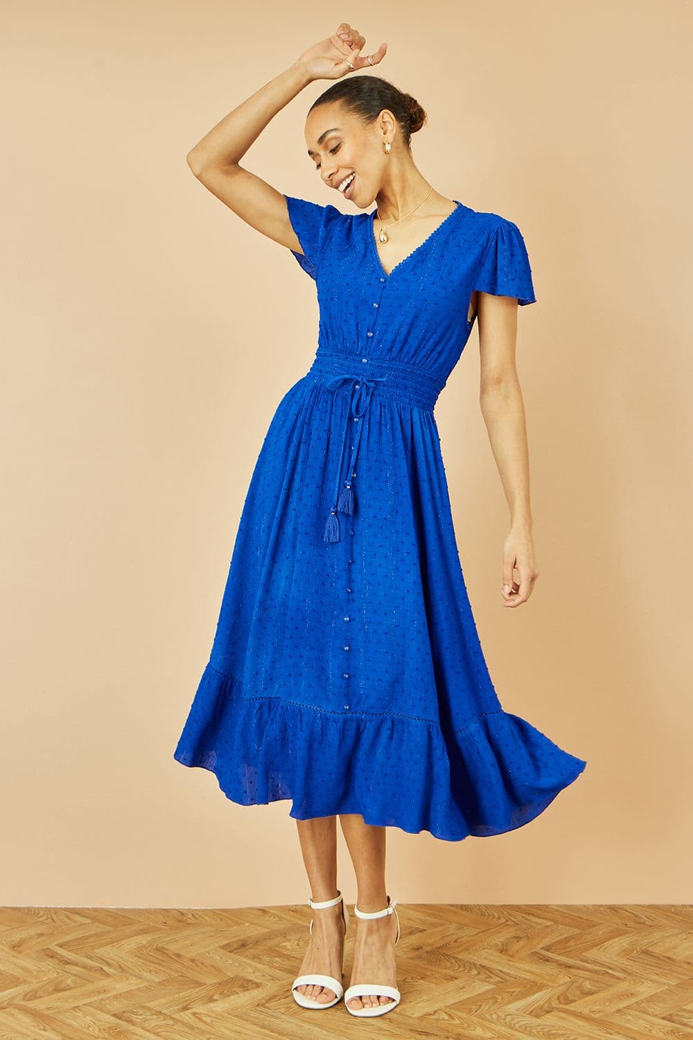 Yumi Women's Blue Button Detail Midi Dress With Ruched Waist & Metallic Thread | Size: 10
