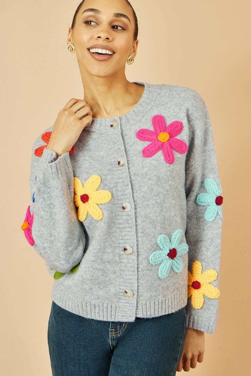 Yumi Women's Grey Knitted Flower Applique Cardigan | Size: Small