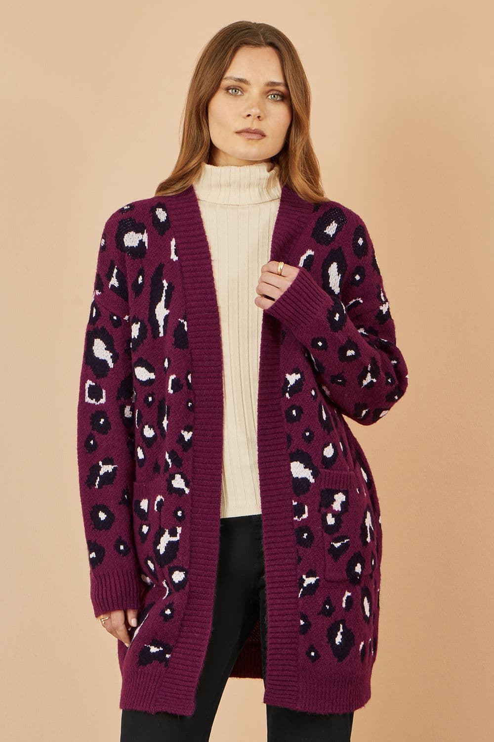 Yumi Women's Burgundy Animal Intarsia Long Cardigan | Size: S/M