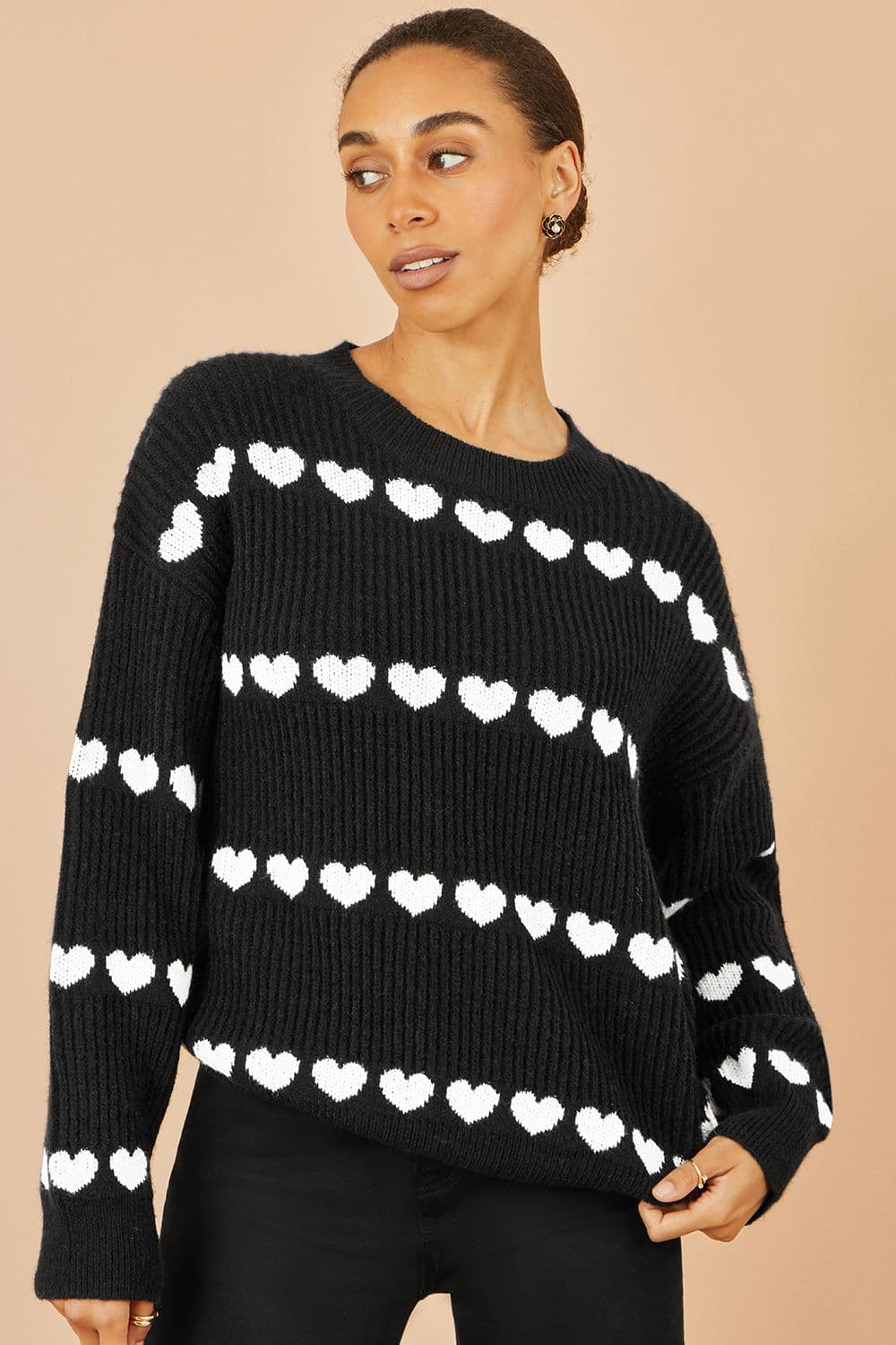 Yumi Women's Black Knitted Jumped With Heart Stripes | Size: Medium/Large