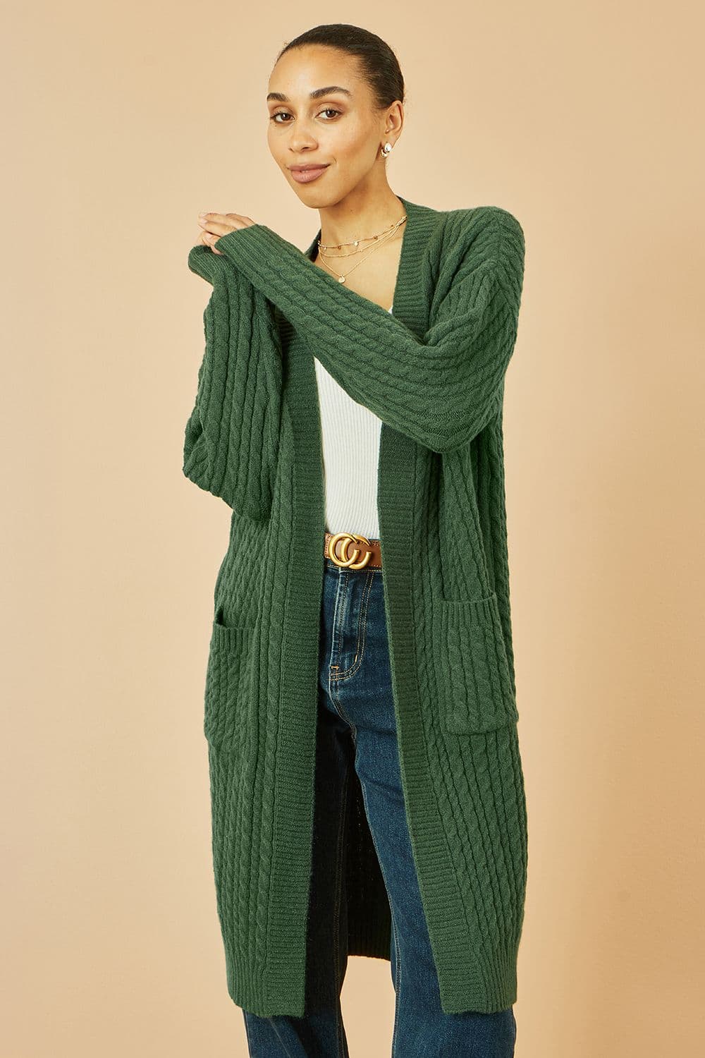 Yumi Women's Green Cable Knit Edge to Edge Long Cardigan With Pockets | Size: S/M