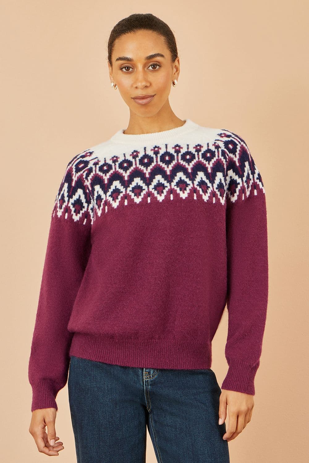 Yumi Women's Burgundy Fair isle Relaxed Fit Knitted Jumper | Size: S/M