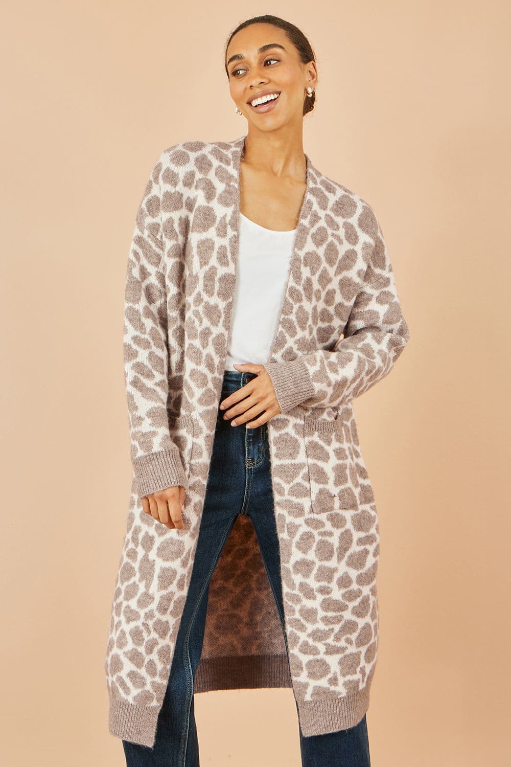 Yumi Women's Beige Animal Print Intarsia Long Cardigan | Size: S/M