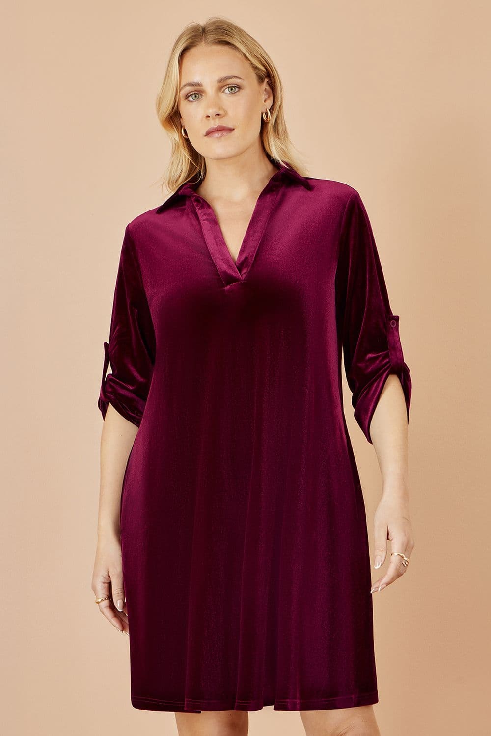 Yumi Women's Burgundy Velvet Tunic Dress With 3/4 Sleeves | Size: 16