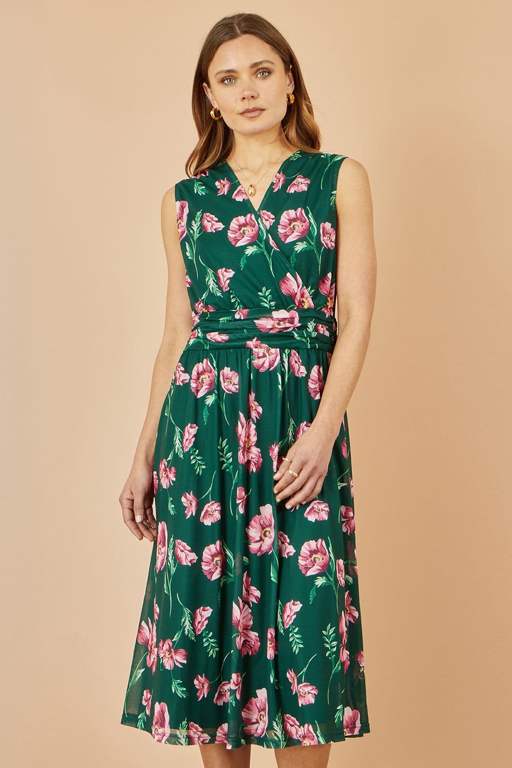 Yumi Women's Green Floral Print Mesh Stretch Midi Dress With Pockets | Size: 10