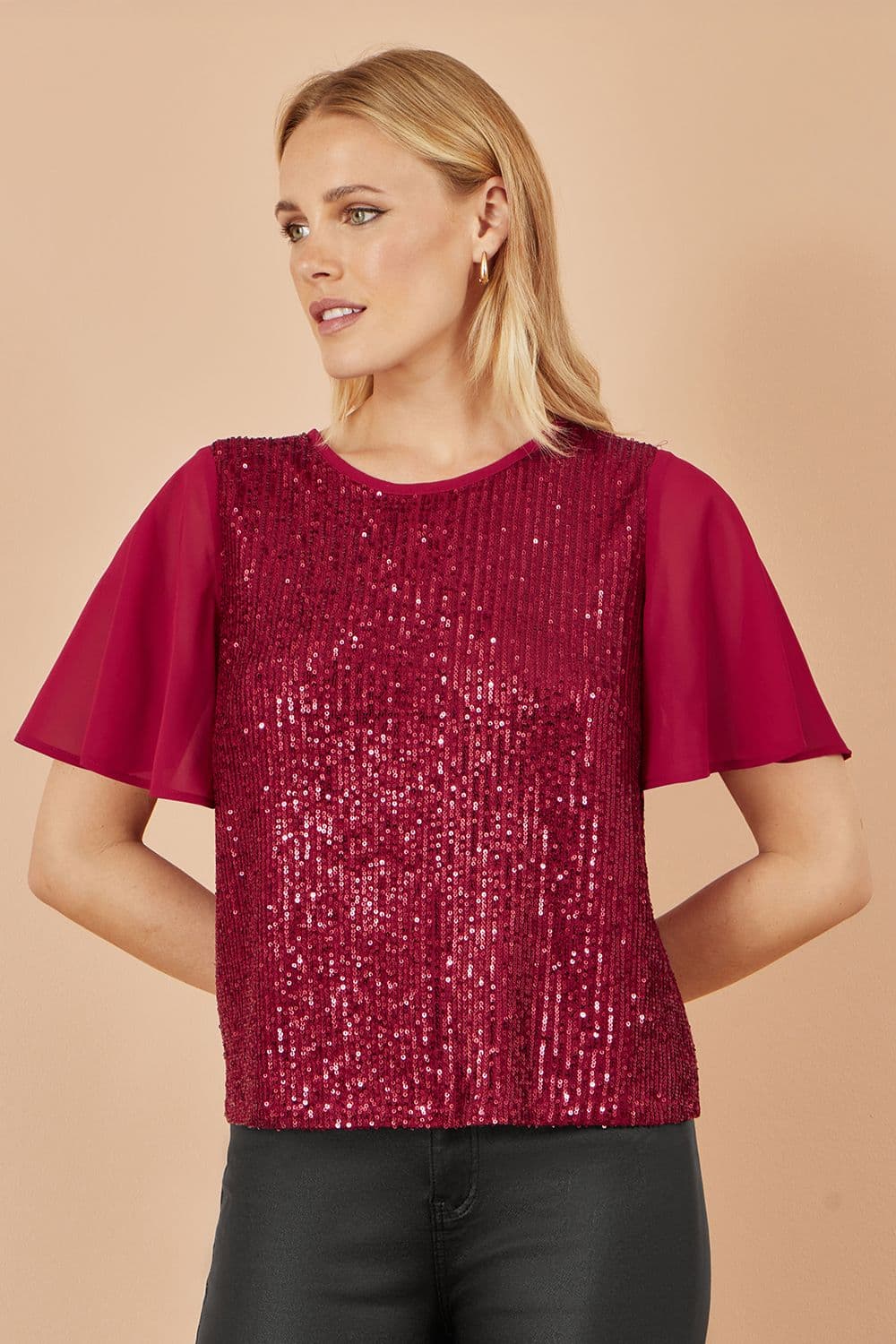Yumi Women's Burgundy Sequin Top With Sheer Sleeves & Cut Out Back | Size: 18