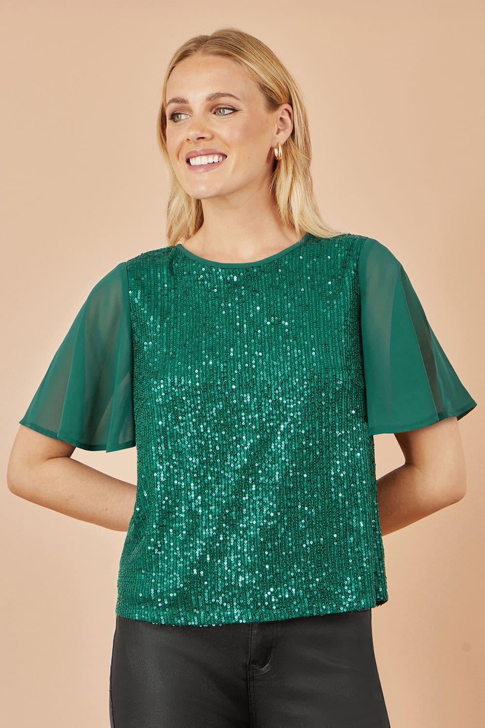 Yumi Women's Green Sequin Top With Sheer Sleeves & Cut Out Back | Size: 18