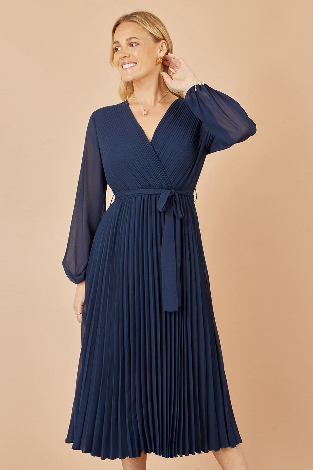 Yumi Women's Navy Pleated Wrap Midi Dress With Sheer Long Sleeves | Size: 16