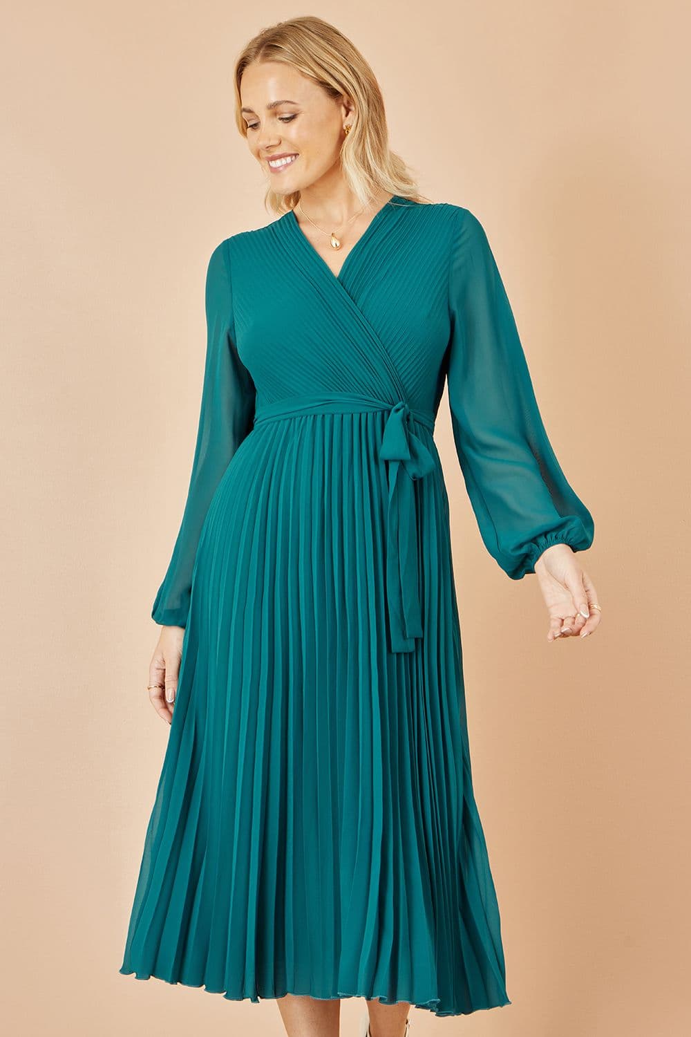 Yumi Women's Teal Pleated Wrap Midi Dress With Sheer Long Sleeves | Size: 14