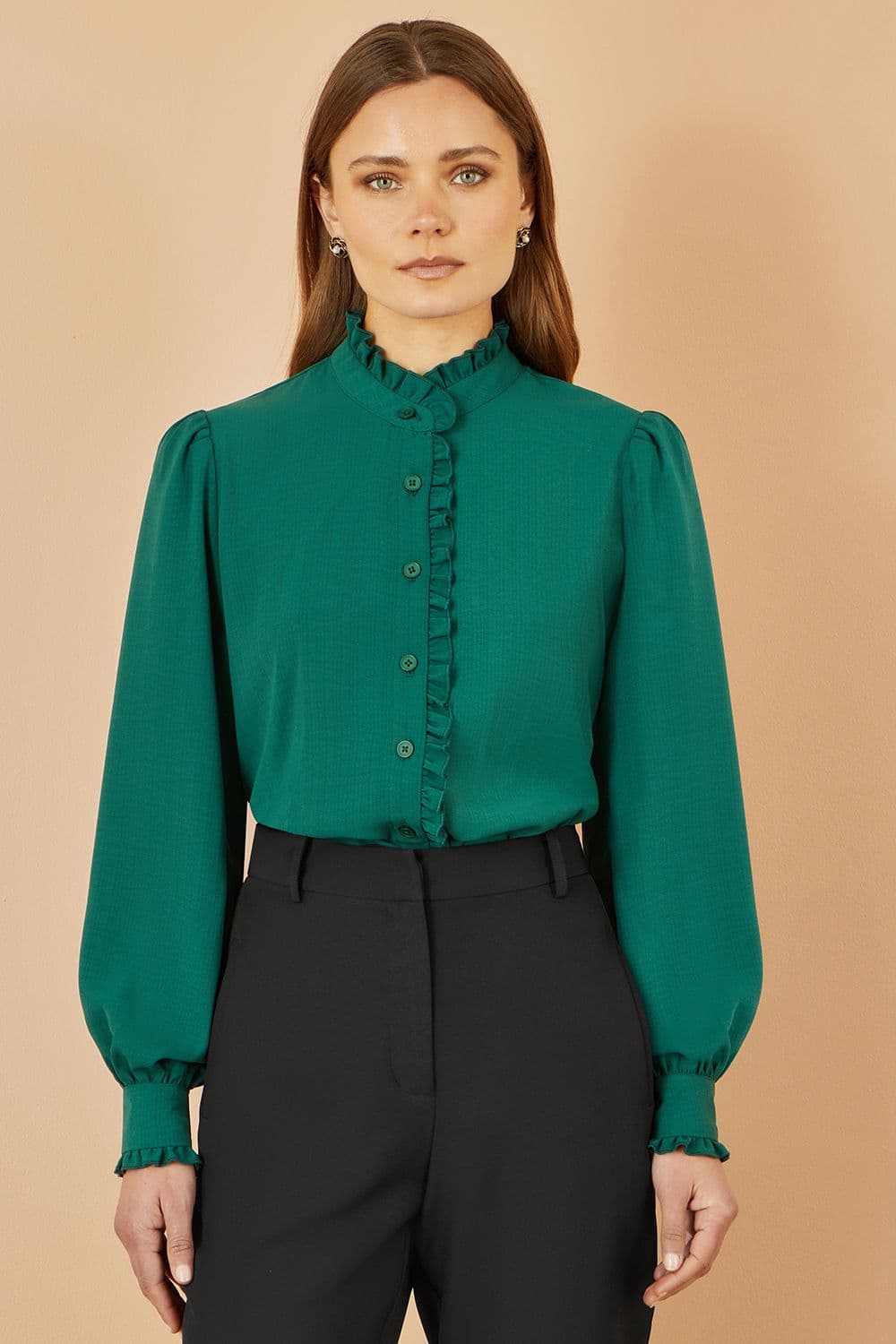 Yumi Women's Green Frill High Neck Shirt | Size: 16