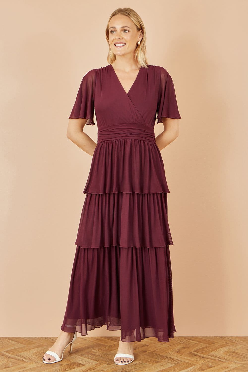 Yumi Women's Burgundy Mesh Tiered Maxi Dress | Size: 16