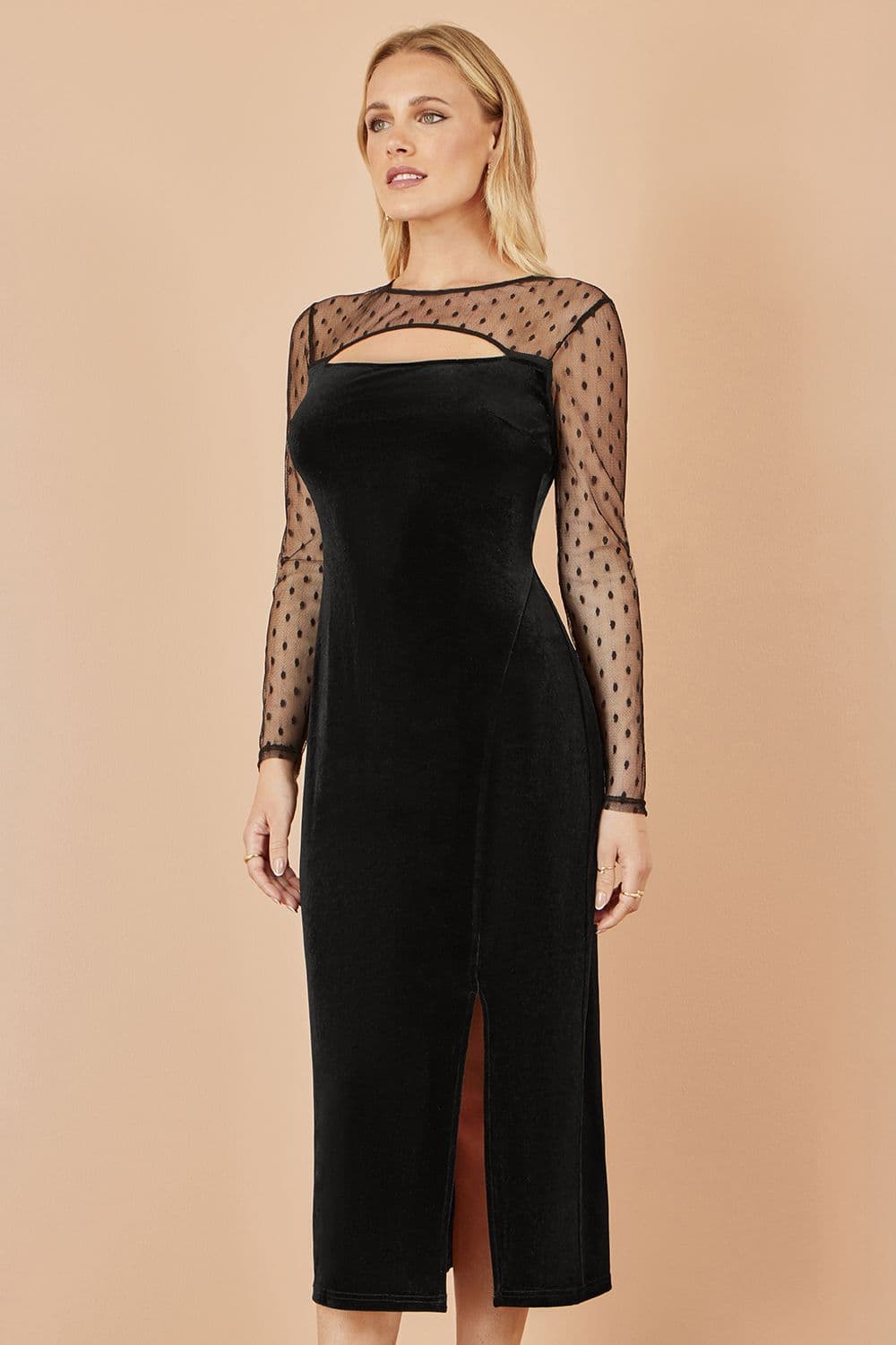Yumi Women's Black Velvet Midi Dress With Slash Neckline & Sheer Sleeves | Size: 8