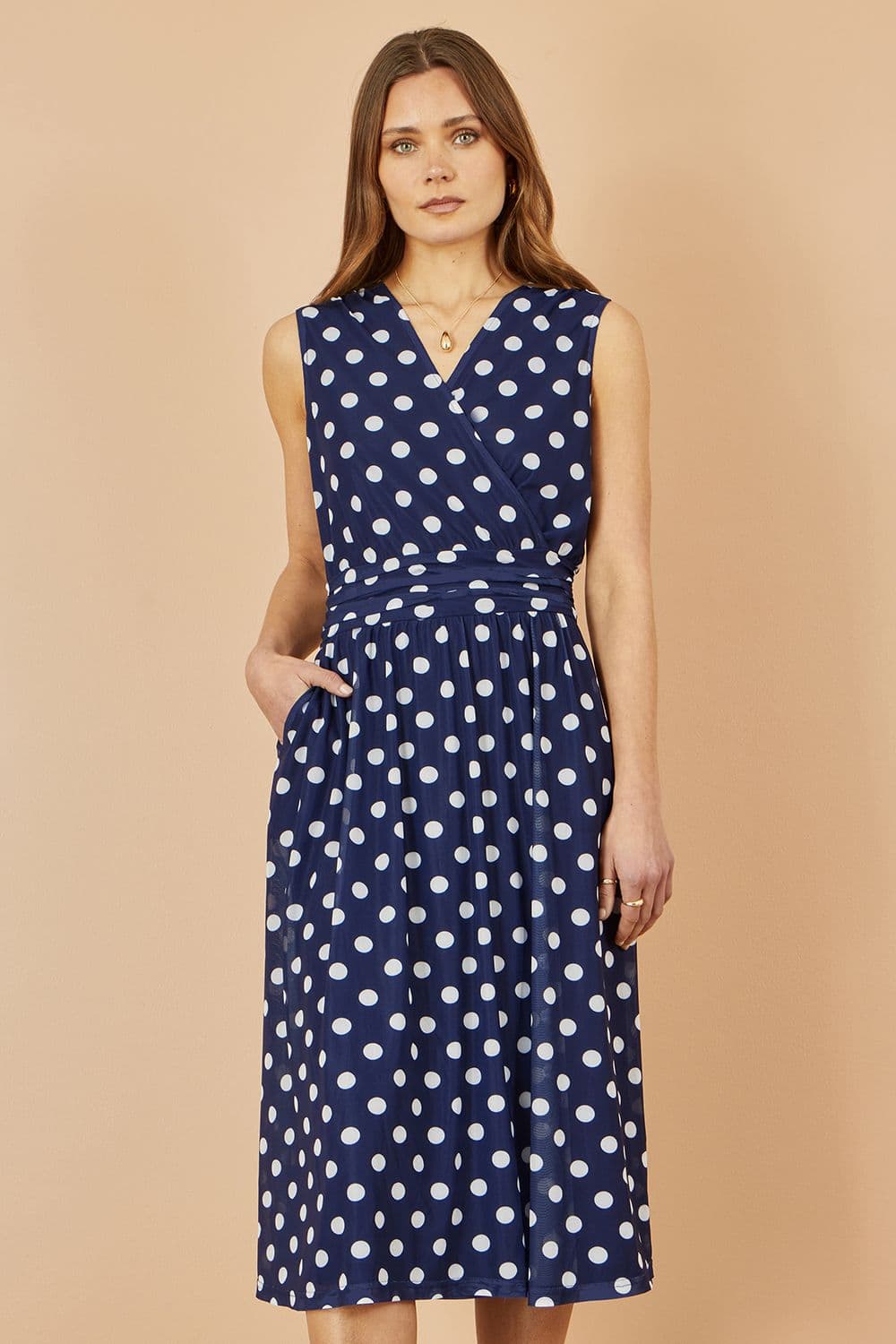 Yumi Women's Navy Polka Dot Mesh Wrap Skater Dress With Pockets | Size: 24