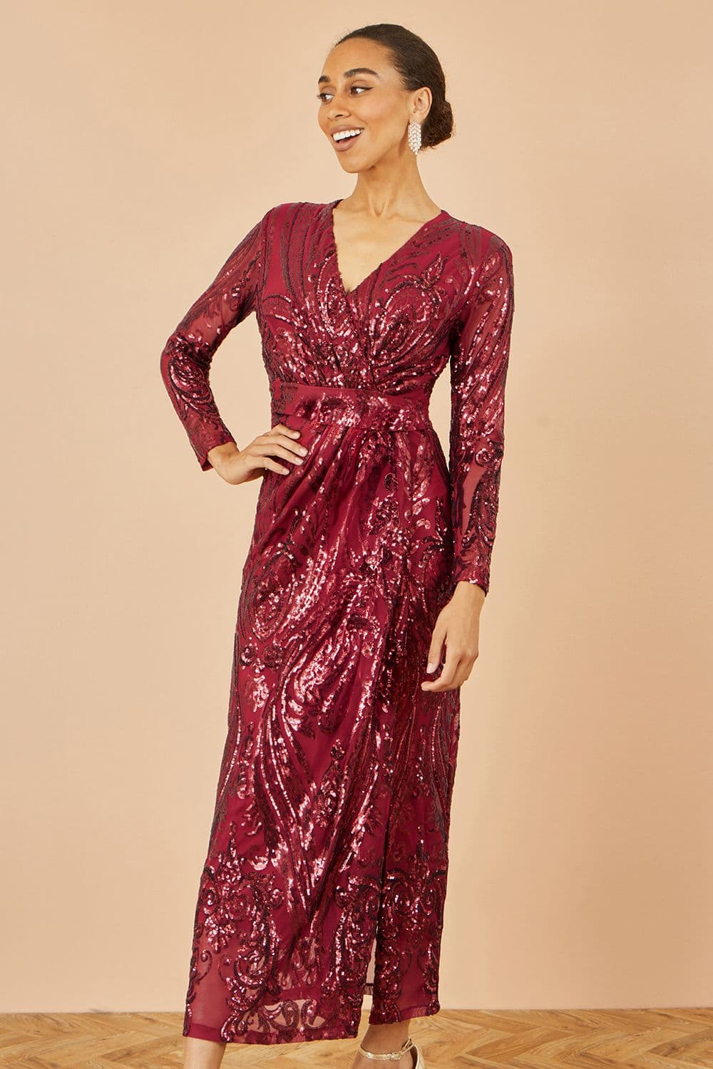 Yumi Women's Red Sequin Midi Wrap Dress With Split Hemline & Long Sleeves in Burgundy | Size: 10