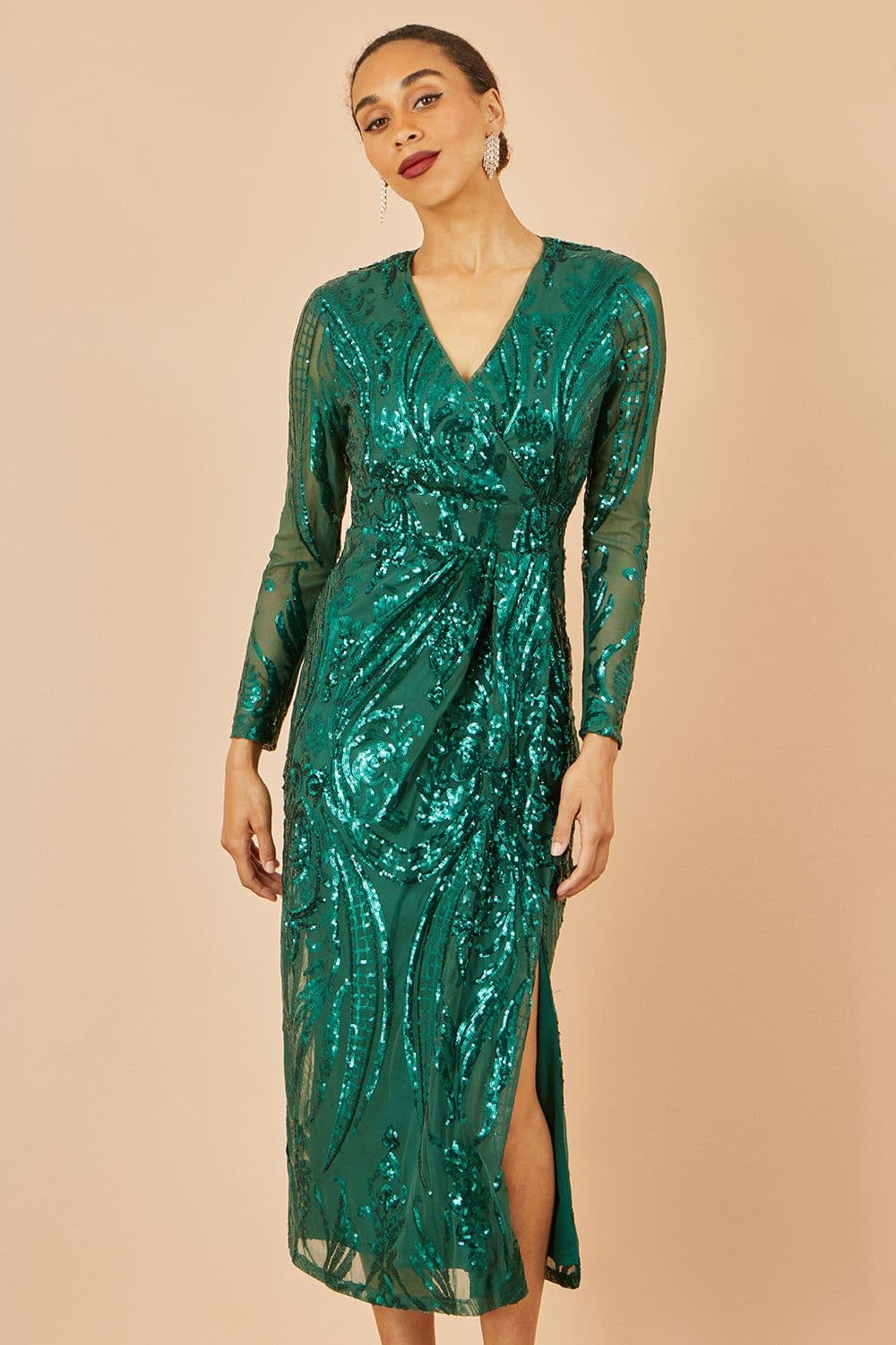 Yumi Women's Green Sequin Midi Wrap Dress With Split Hemline & Long Sleeves | Size: 16