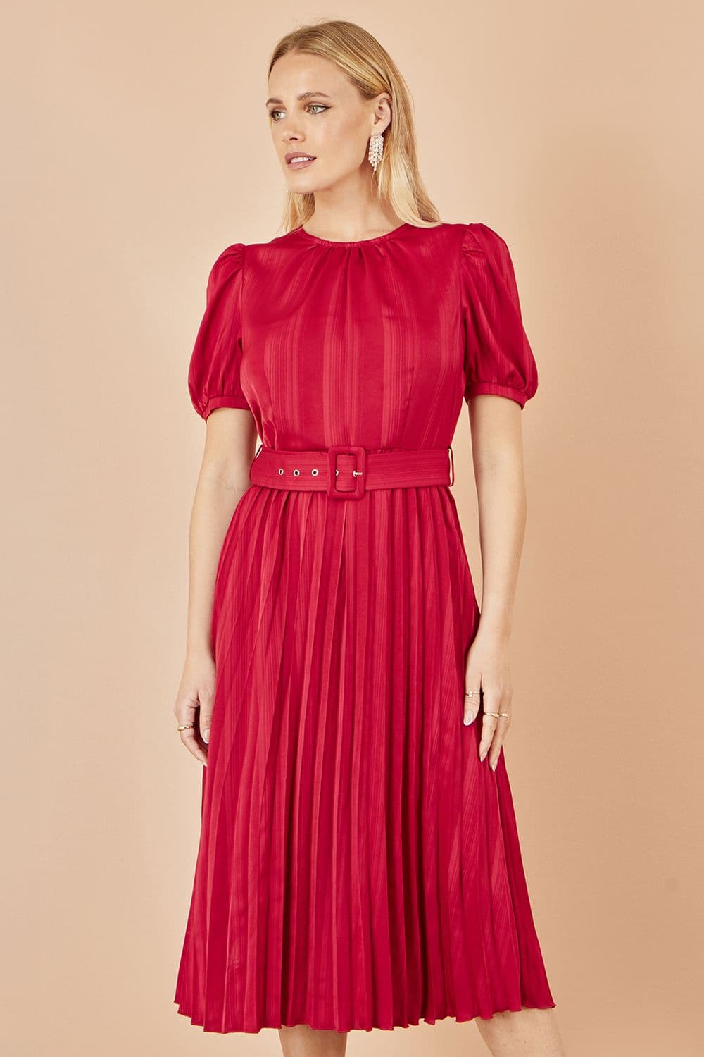 Yumi Women's Red Satin Striped Midi Dress With Pleats & Matching Belt | Size: 8