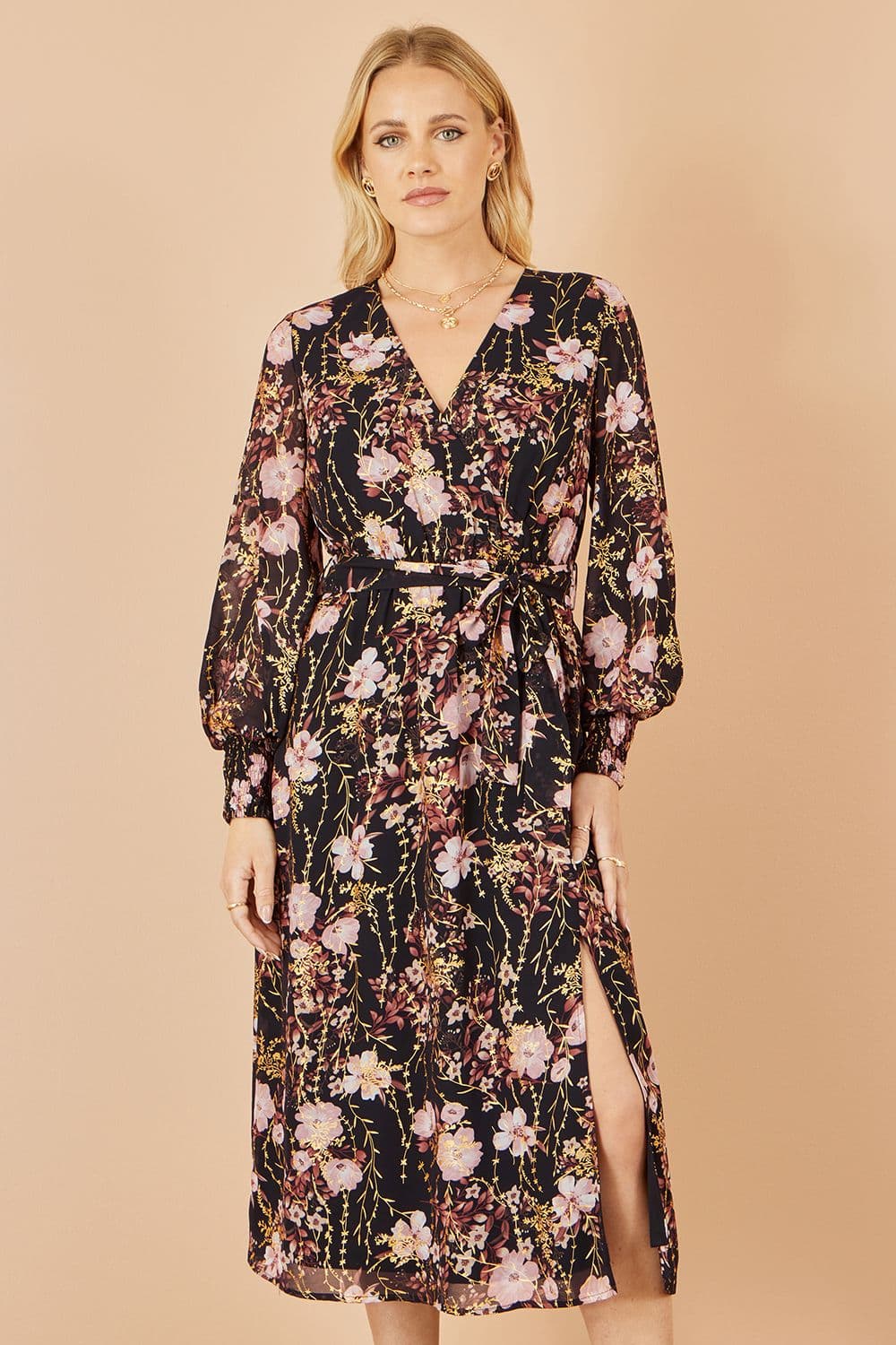 Yumi Women's Black Foiled Floral Print Wrap Midi Dress | Size: 14