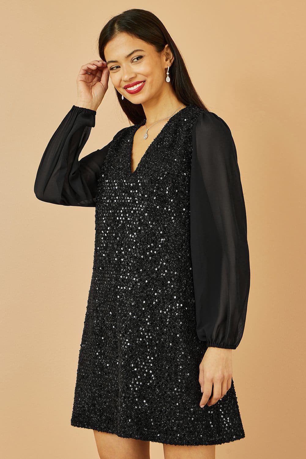 Yumi Women's Black Sequin Tunic With Tie Back & Sheer Sleeves | Size: 16