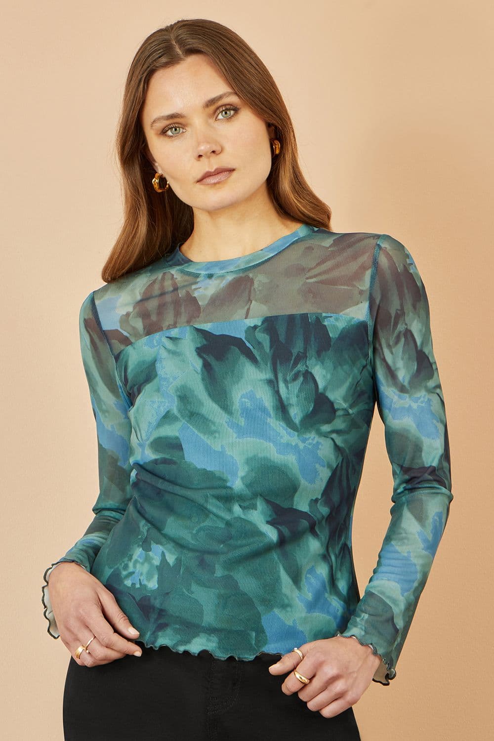 Yumi Women's Green Floral Mesh Top | Size: 16