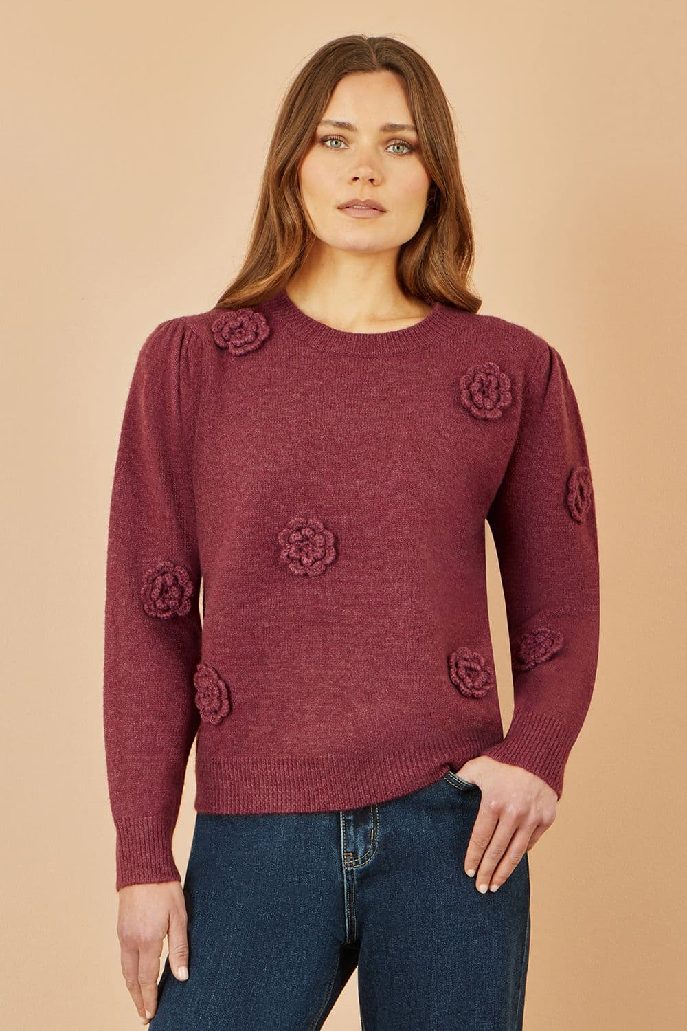 Yumi Women's Burgundy Knitted Jumper With Crochet Flowers | Size: Large