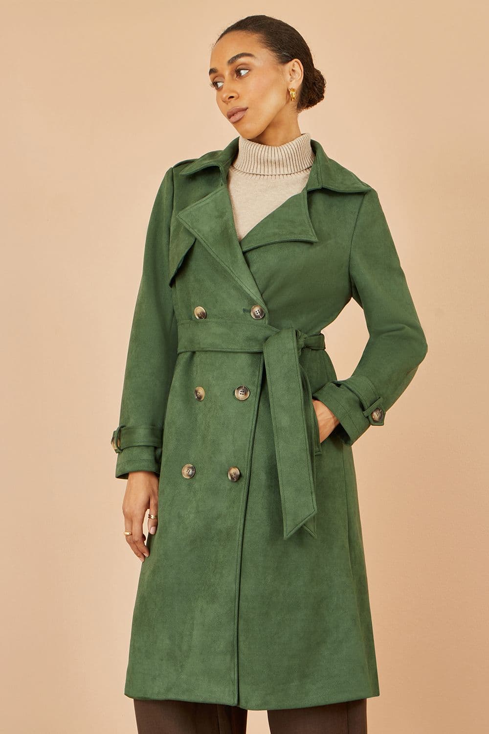 Yumi Women's Green Faux Suede Trench Coat | Size: 16
