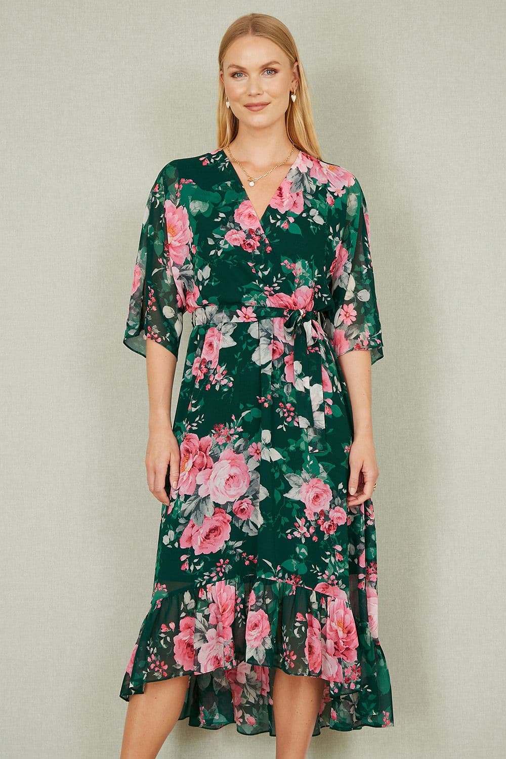 Yumi Women's Dark Green Kimono Sleeves Midi Dip Hem Wrap Midi Dress | Size: 8