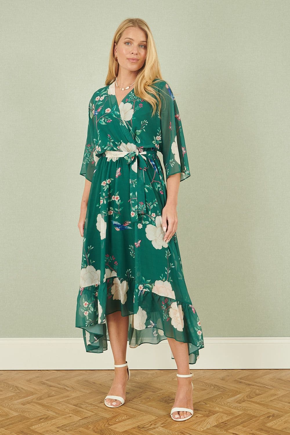 Yumi Women's Green Bird & Floral Print Midi Wrap Dress | Size: 12