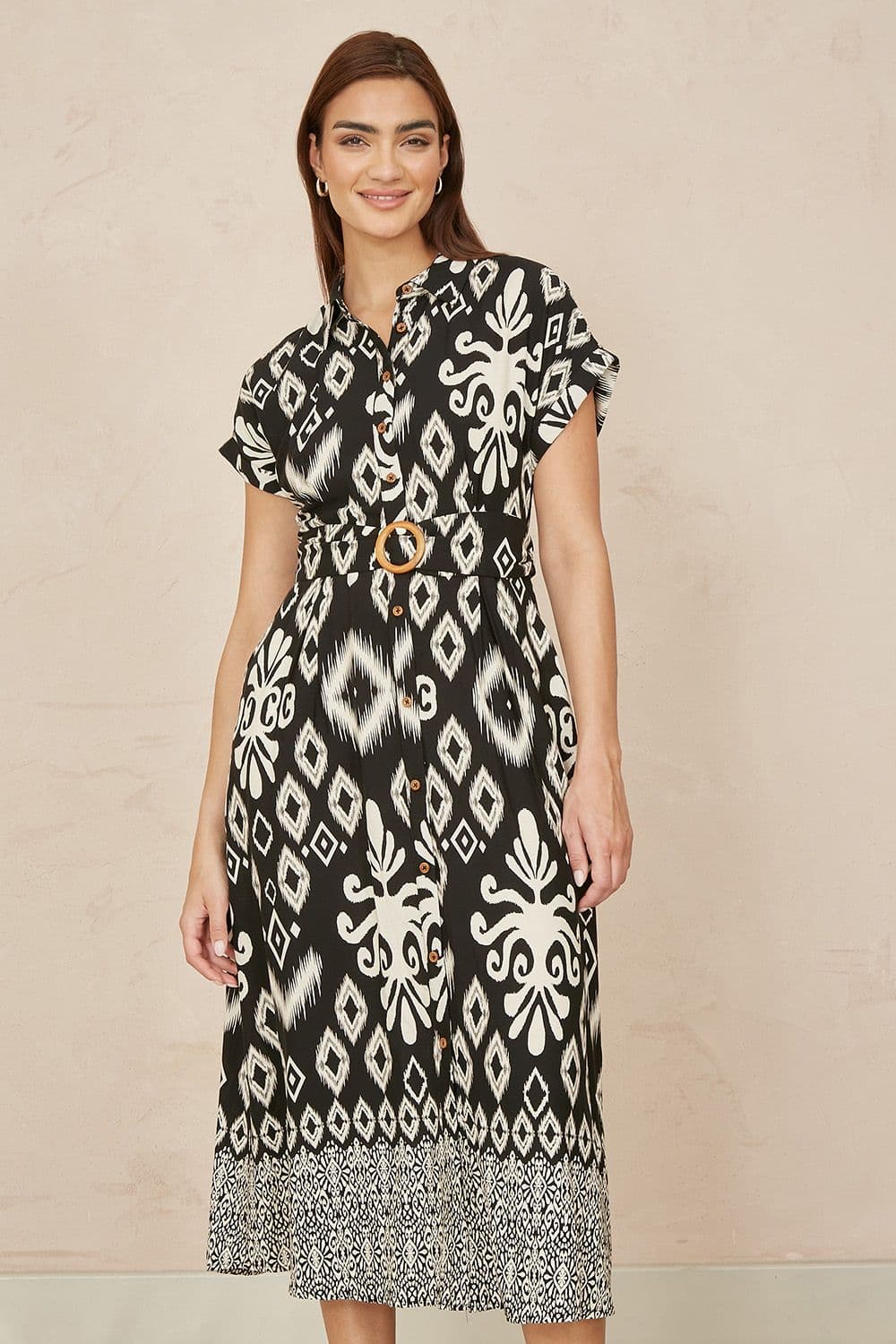 Yumi Women's Black Abstract Geo Print Relaxed Midi Shirt Dress With Belt | Size: 20
