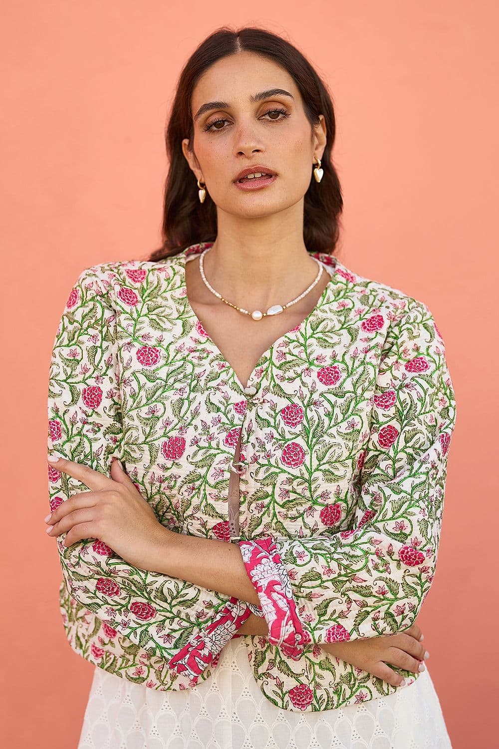 Yumi Women's White Floral Reversible Cotton Quilted Jacket | Size: 16